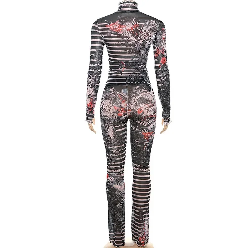 Women Sexy Club Mesh Print Slim 2 Piece Set Spring Autumn Turtleneck Full Sleeve Top High Waist Pants Hipster Y2k Streetwear