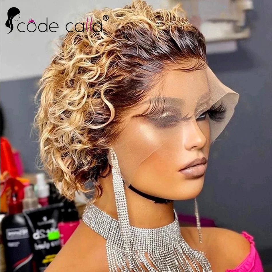 

Pixie Short Afro Curly Bob Human Hair Wigs With Bangs For Women Brazilian Remy Hair Wear and Go Natural Brown Kinky Curly Wigs