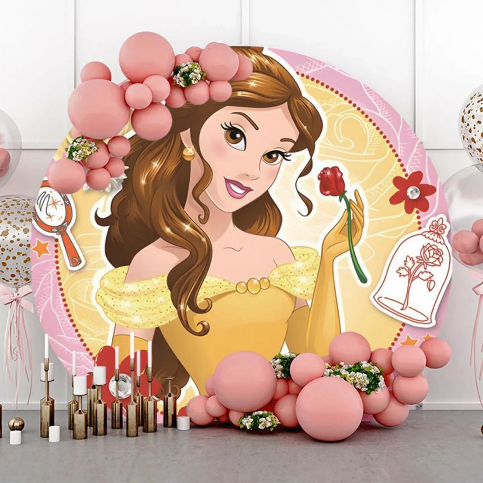 

Disney Princess Beauty And The Beast Belle Cartoon Birthday Party Decor Round Backdrop Circle Girl Baby Shower Photography