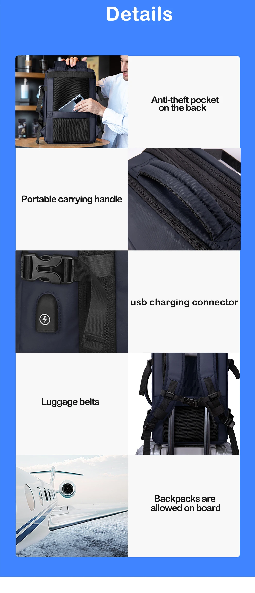 HcanKcan Herren-Reiserucksack mit großer Kapazität, multifunktionaler Business-Rucksack, passend für 15,6-Zoll-Laptoptasche, wasserdichter Schul-Tagesrucksack – Detail 15