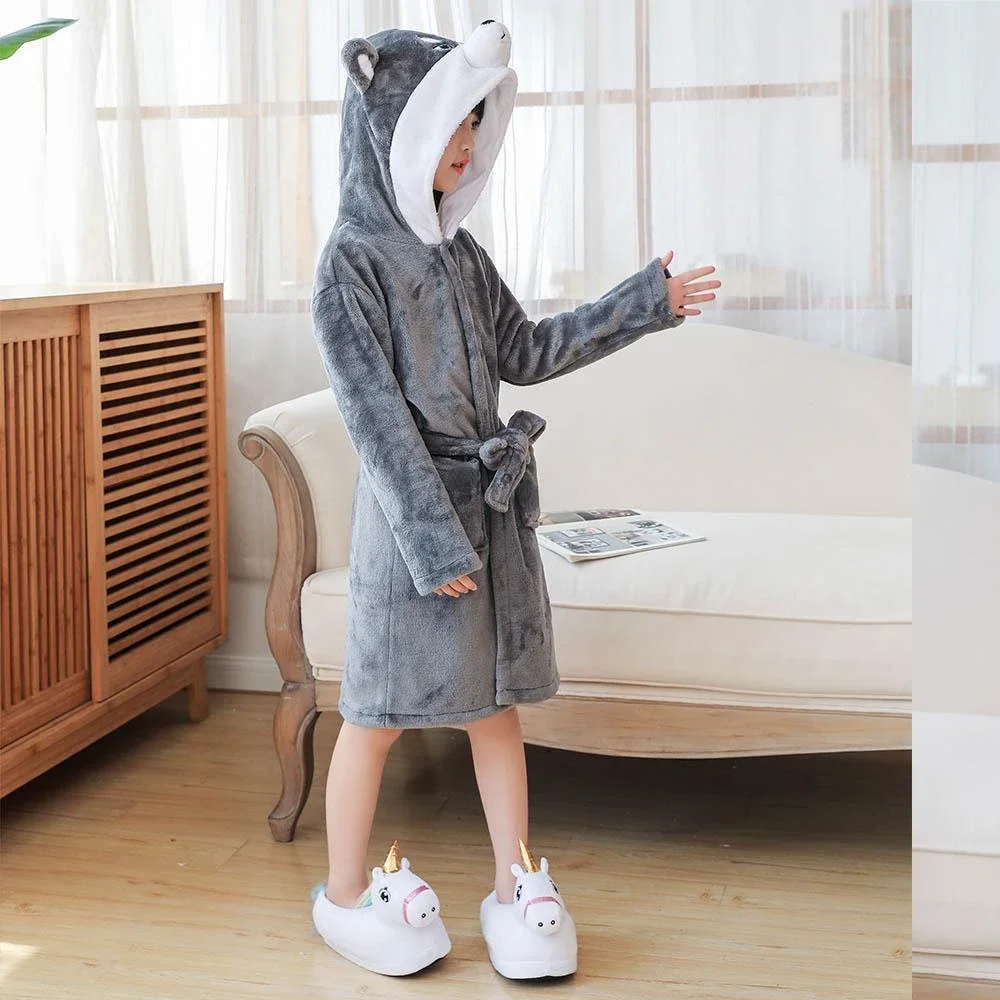 Winter Wolf Children's Bathrobe Clothing for Girls Kids Pajamas Unicorn Kigurumi Hooded Bath Robe Flannel Warm Bath Towels