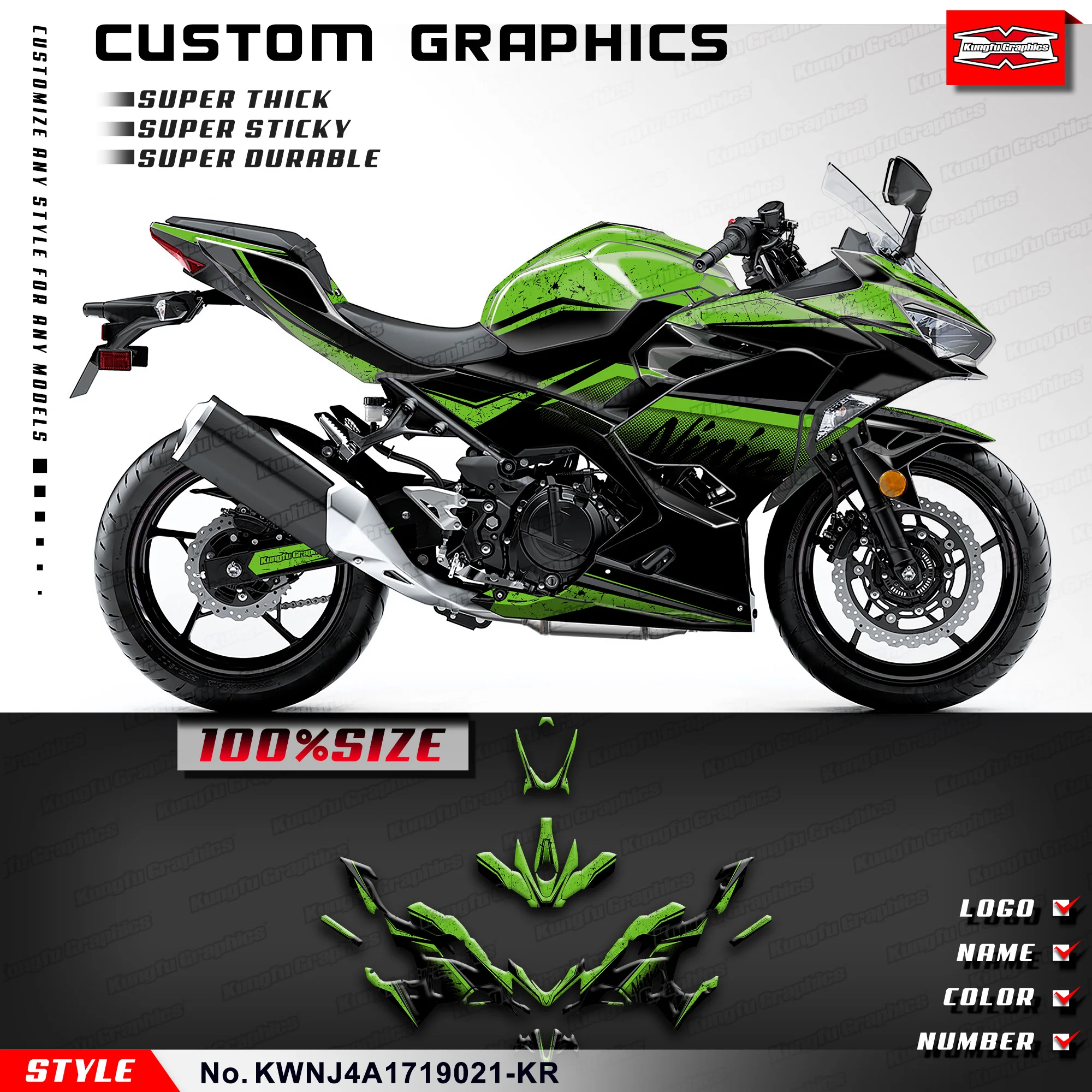 

KUNGFU графические наклейки, прочные виниловые наклейки для Kawasaki Ninja 250 400 ABS KRT 2017 2018-2019, KWNJ4A1719021-KR