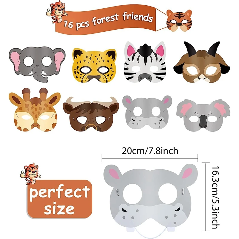 16pcs Jungle Animal Mask Birthday Party Decoration Kids Funny Paper Masks Photo Props Safari Theme Party Supplies Baby Shower