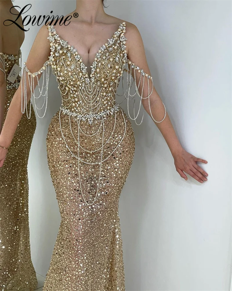 

Gold Sequins Crystal Tassels Long Party Dresses 2024 Customize Beads Mermaid Aso Ebi Wedding Prom Dress Arabic Robe Evening Gown