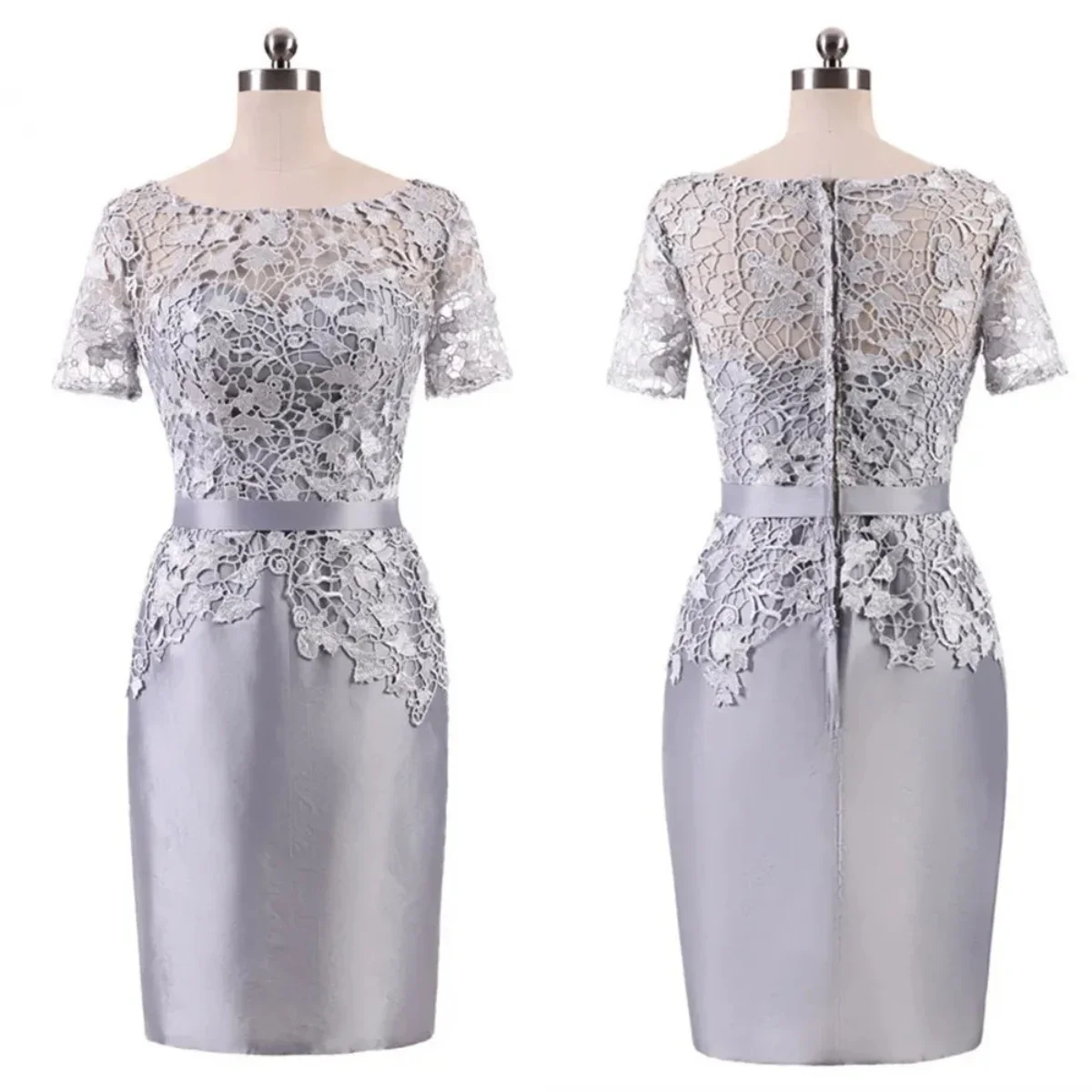 

Evening Dress Embroidery Satin Gray O-neck Short Sleeves Mermaid Trumpet Knee-length Plus size Customized Lady party Formal Gown