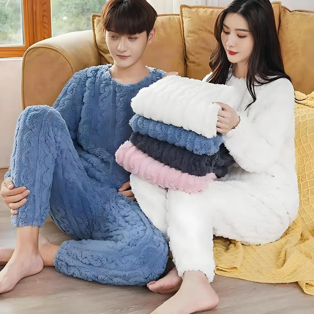 Couple Autumn Women Solid Warm 2 Piece Sets Thicken Velvet Ribbed Fleece Set Pullover And Pants Women Casual Pajama Sets
