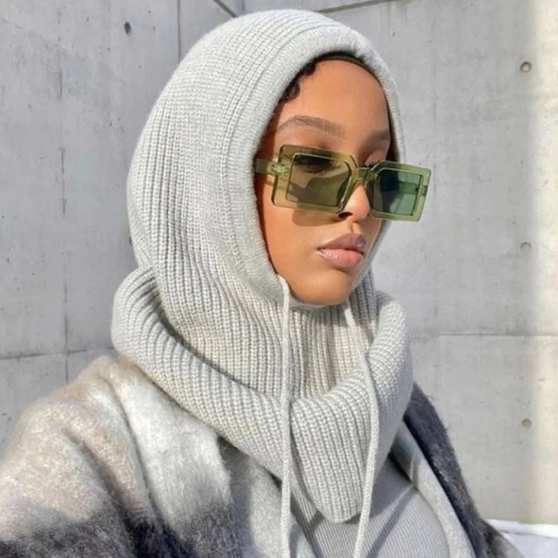 

New Women's Hooded Scarf Pullover Hat Solid Color Knit Pullover Drawstring Balaclava Winter Warm Hat Beanie 6 Colors