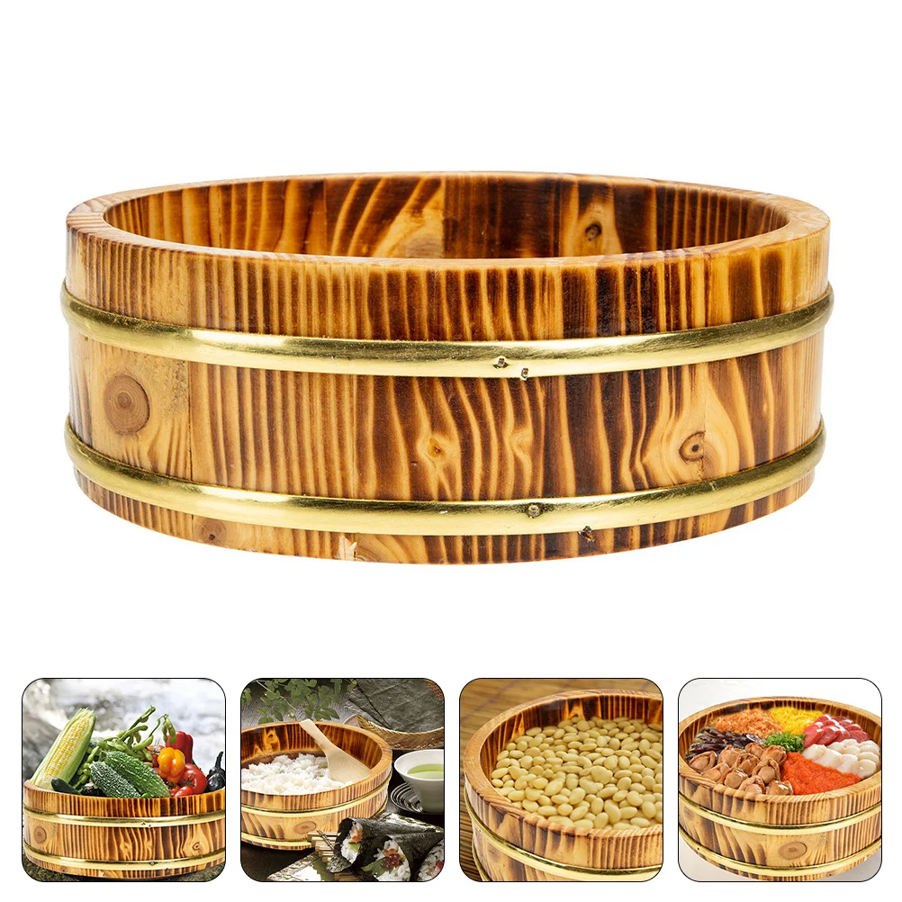Wooden Food Container Rice Sushi Wooden Bowl Bucket Tub Oke Hangiri Mixing Wood Box Japanese Steamer Barrel Serving Food Container Round Tray Hanging