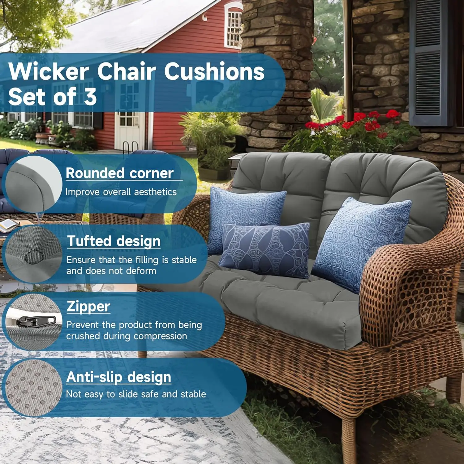 Wicker Chair Cushions Set of 3. Anti-Slip. Waterproof. 5 Inch Extra Thick. Dark Grey. 44x19.