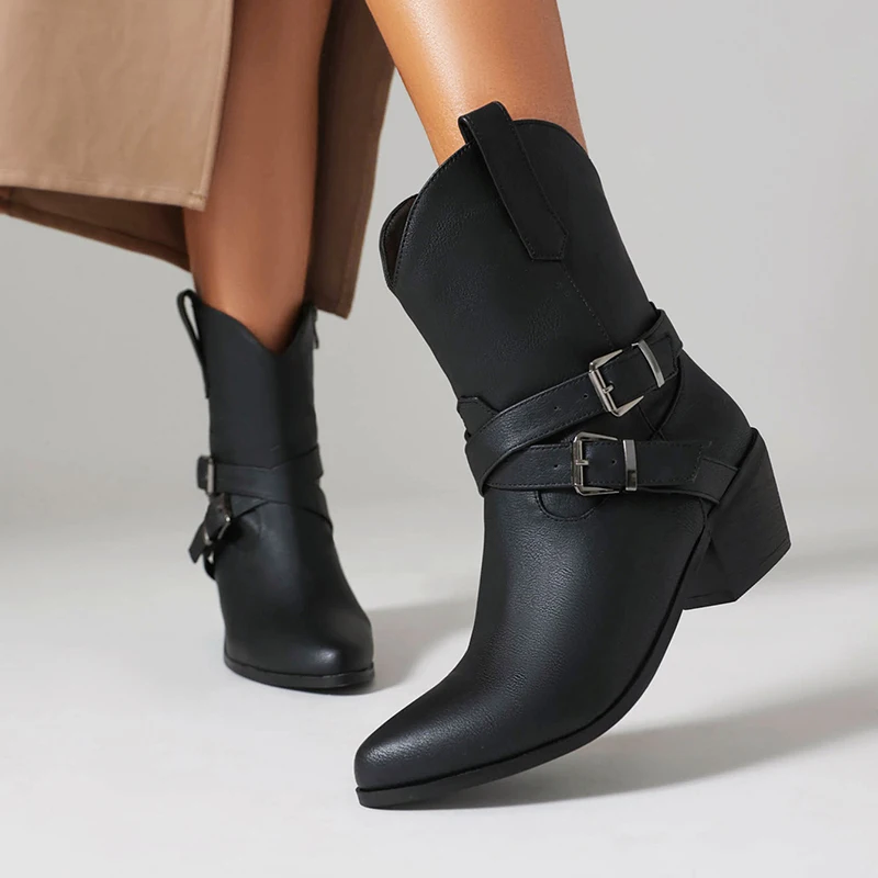 Kcenid Retro Western Ankle Boots For Women Fashion Round Toe High Heel Short Plush Winter Women Boots Square Button Party Shoes