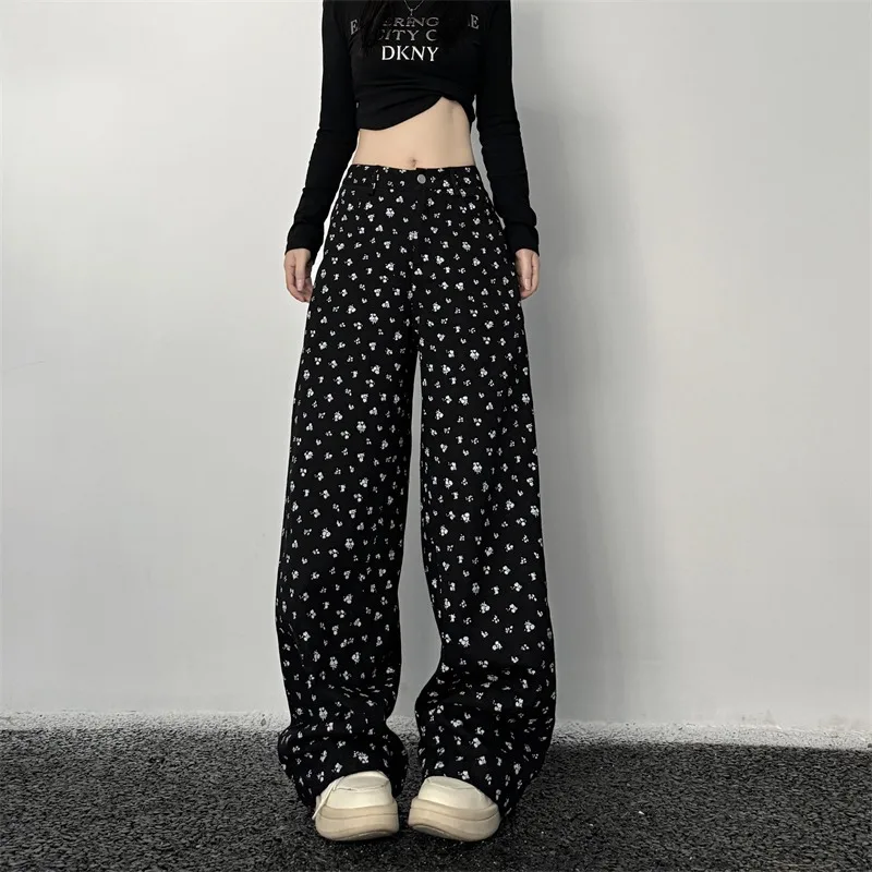 Korean Style Retro Floral Mid Waist Jeans Women 2024 New Arrival Fashion Loose Thin Wide-leg Straight Casual Denim Pants Female