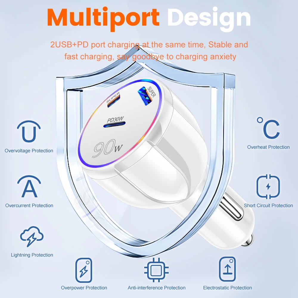90W 3 in 1 Car Charger PD30W Type C USB Moblie Phone Fast Charging for IPhone Samsung Charger Plug Lighter Adapter Charger