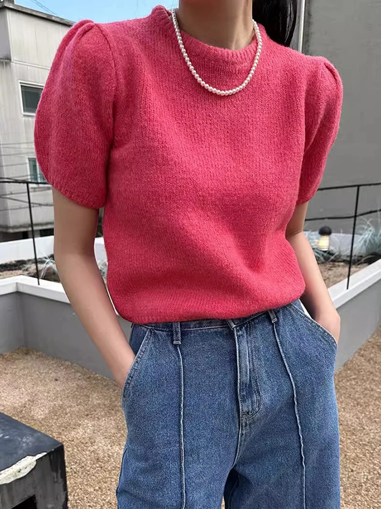 스프링 슬림핏 스웨터 여성용 통근 루즈핏 일반 두께 스프링 어니티 라운드넥 소프트 단색 캐주얼 다용도 슬림핏 버블소매 스웨터 니트 스웨터