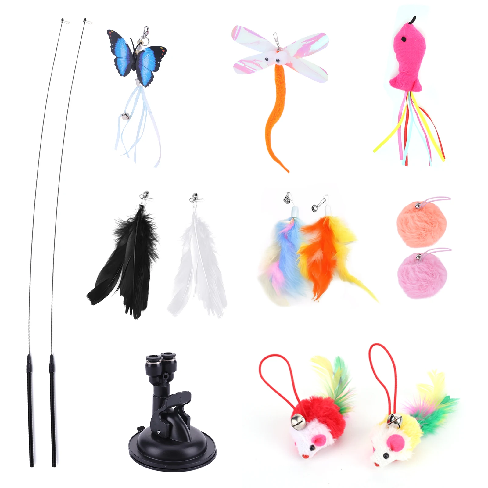 Pet Cat Toy Set Replacement Head Toy Suit Multifunction Interactive Cat Toy Handfree Cat Toy Stick for Floor Glass Door Panel