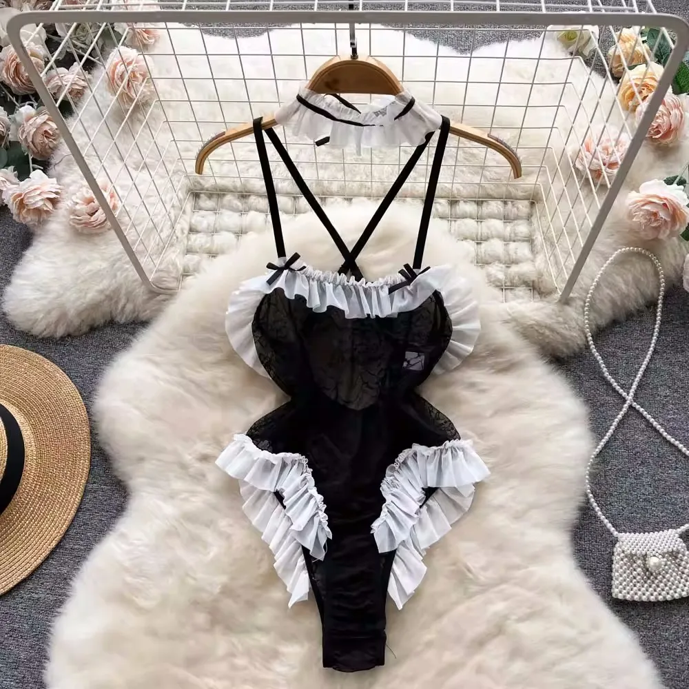 CHILLGIO Frauen Sexy Print Spitze Strappy Strampler Erotic Einem Stück Tranparent Kombination Catsuit Dünne Mode Bodys Dessous – Detail 1