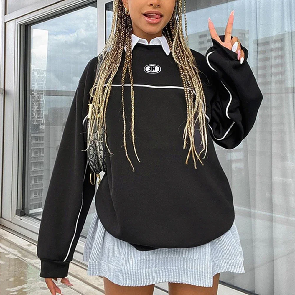 Women Letter Print Y2k Sweatshirt Preppy Style Hoodies Harajuku Women Sweat Black Striped Pullover E Tops Girl Streetwear 2023