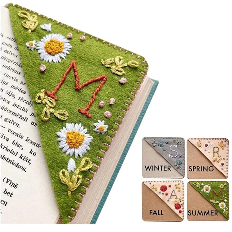 

1Pcs Pack Hand Stitched Felt Corner Letter Bookmark Personalized Hand Embroidered Corner Felt Triangle Bookmarker for Book Lover