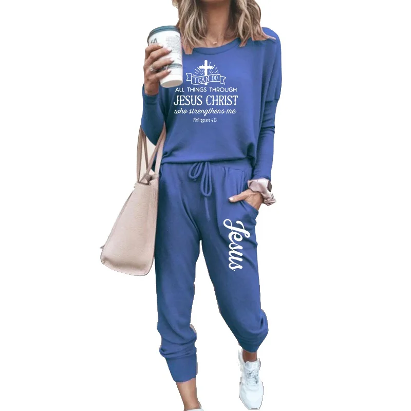 Tuveke Women's Jesus Logo Sportswear Suit Sportswear Track Suit Suit Solid Color Long-sleeved Jogging Top + Pants (5 Colors)