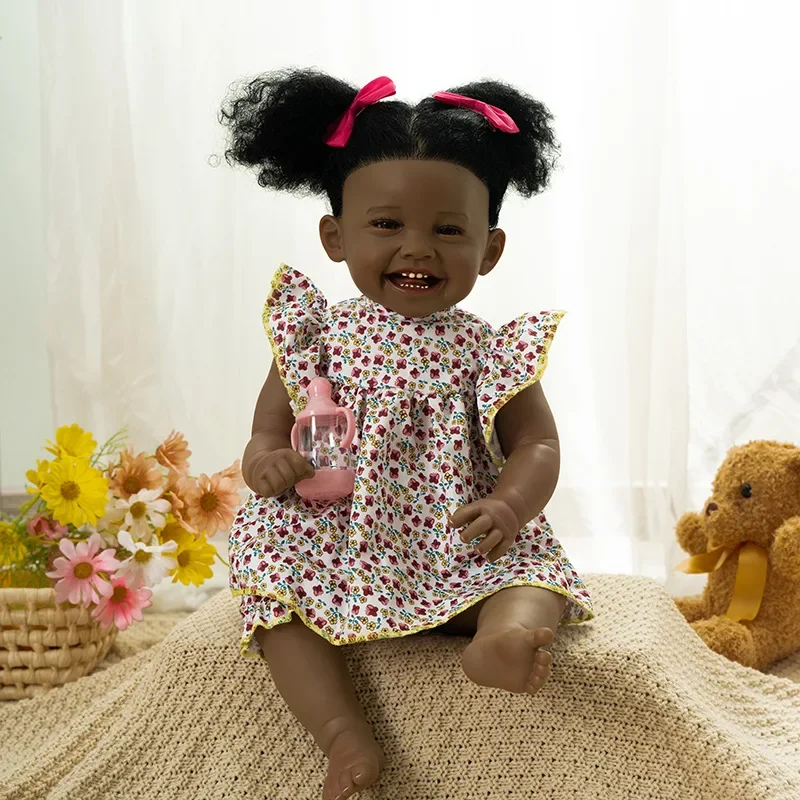 

24inch 60cm Mila Full Body Reborn Baby Girl Doll Black Skin Handmade Llifelike Newborn Baby Doll For Christmas Gifts