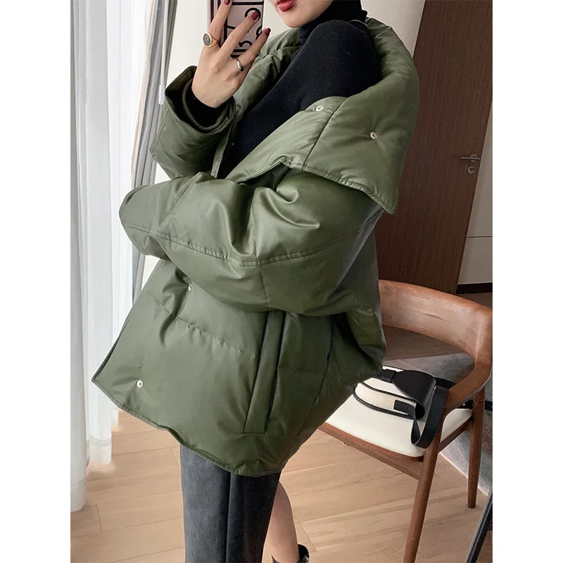 2023 Warm PU Leather White Duck Down Jackets Women Winter Short Bread Coats Loose Tops Commuting Stand Collar Single-breasted