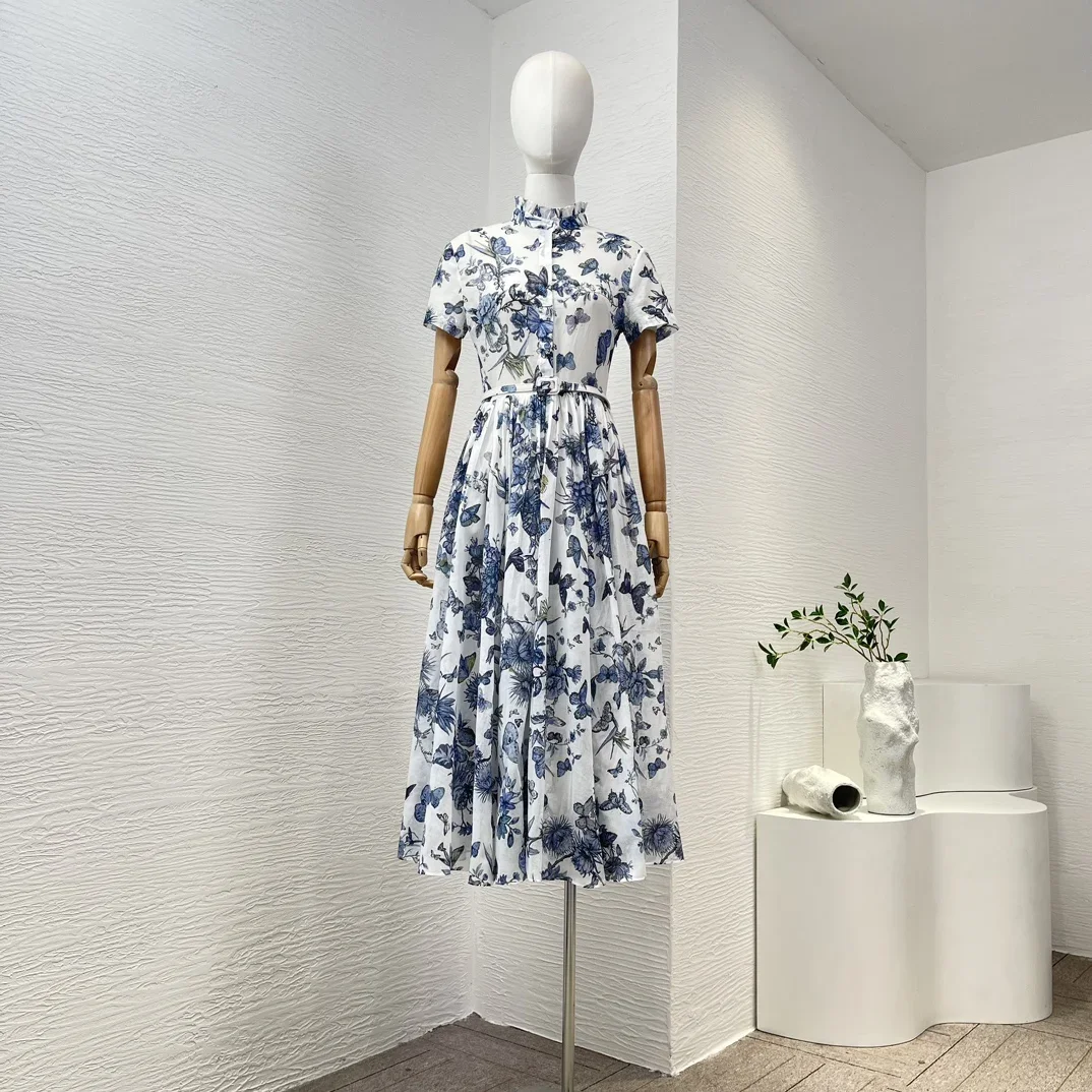 

Blue Butterflies Print Midi Dress With Belt High Quality Short Sleeve Shirt 2024 New Spring Women Clothing