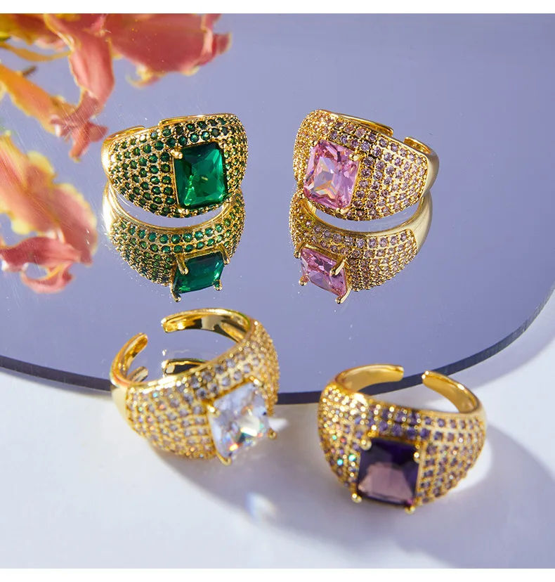 Neuer Quadratischer Grüner Rosa Glasstein Luxus-Ring Damen Kupfer-Öffnungsring Paar-Ring Wasserdichter Schmuck Geschenk Großhandel zum Weiterverkauf – Detail 9