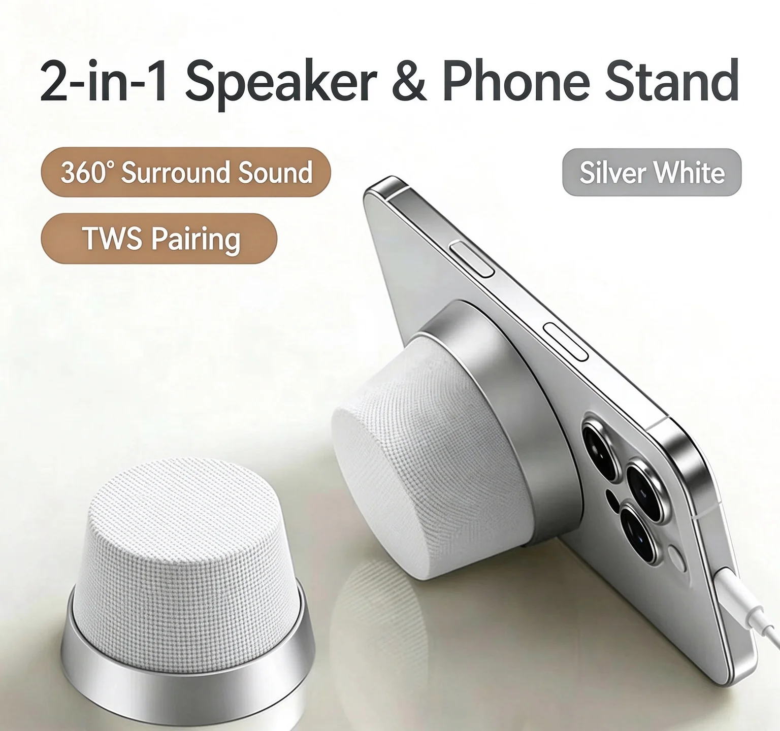Compact Magnetic Bluetooth Speaker with Phone Stand, 360° Surround Sound, Waterproof, TWS Pairing, Portable