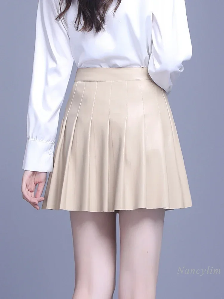 Apricot Leather Skirt Woman Autumn Winter New Short Real Leather Skirt High Waist Slimming A- Line Sheepskin Pleated Skirt Lady