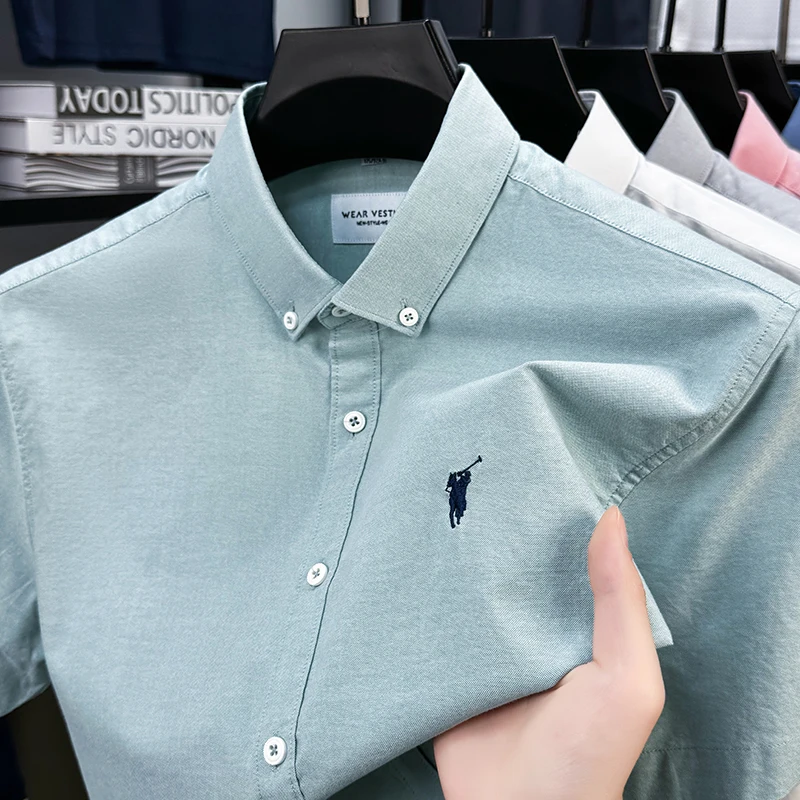Solid Color Cotton Embroidered Small Horse Logo Shirt, Men's Short Sleeved Casual Versatile High-end Spring and Autumn Shirt