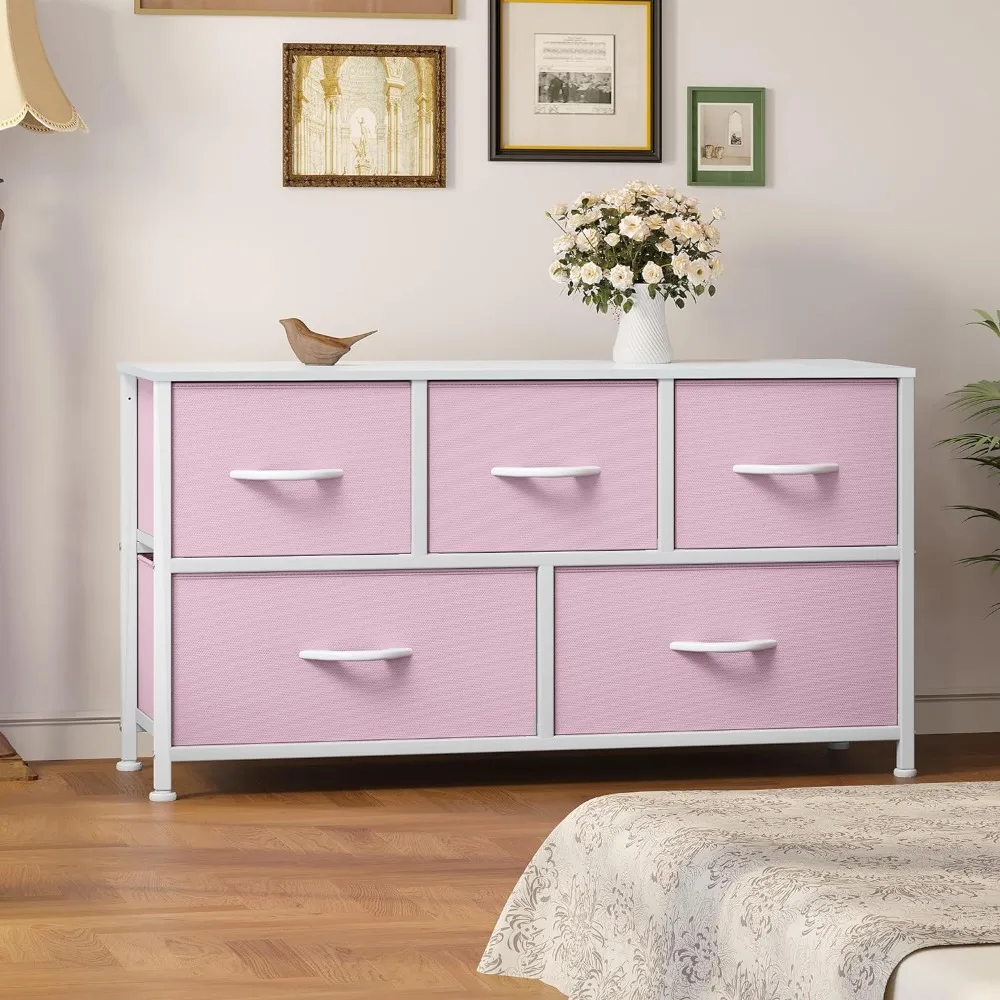 

Wide Storage with 5 Drawers - Fabric Dresser, Organizer Unit for Bedroom, Living Room, Easy Pull Fabric Bins & Wooden Top (Pink)