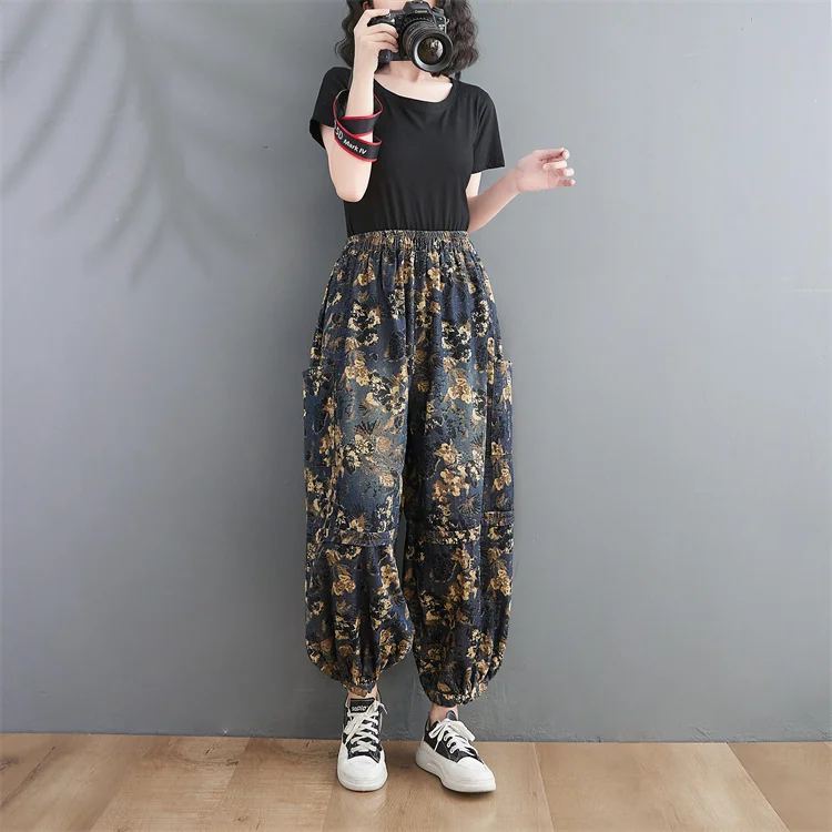 buckle jeans Women Vintage Denim Wide Leg Pant Elastic Waist Loose Spring Jeans Korean Fashion Floral Print Pockets Cropped Pants Pantalones women's clothing stores