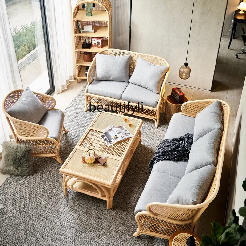 

yj Rattan Sofa Living Room Recliner Country Balcony Coffee Table Rattan Chair Combination Bed & Breakfast Furniture