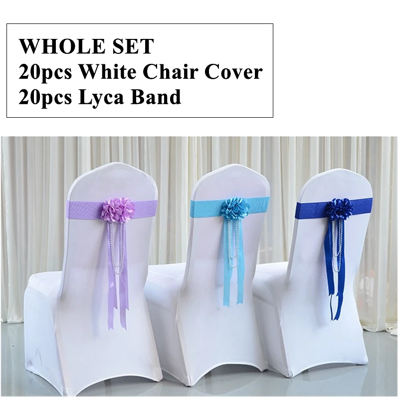 

New Style 20 White Spandex Banquet Chair Cover With 20pcs FlowerLycra Sash Band For Wedding Event Party Decoration