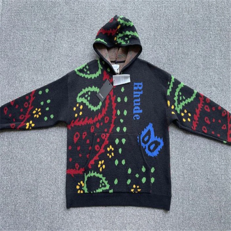 

2023 Fall Winter Colorful Cashew Jacquard Rhude Sweater Hooded Hoodie Men Women High Quality Vintage 1:1 Knitted Pullover