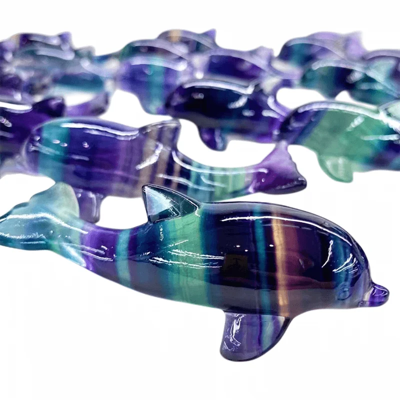8cm Natural Rainbow Fluorite Dolphin Crystal Stone Hand Carved Animal Figurine Healing Crafts Home Decoration As Gift 1pc 6
