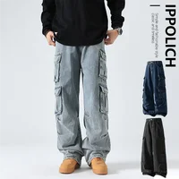 Multi-Pocket Blue Washed Jeans Cargo Pants Men Y2K Heavy Retro Streetwear Fashion Hip Hop Jeans Harajuku Casual Wide Leg Pants 1
