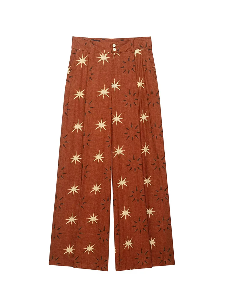 TFMLN Women Print Straight Long Pants Sets Chic Back Design Sexy Backless Halter Short Top High Waist Casual Wide Leg Pants