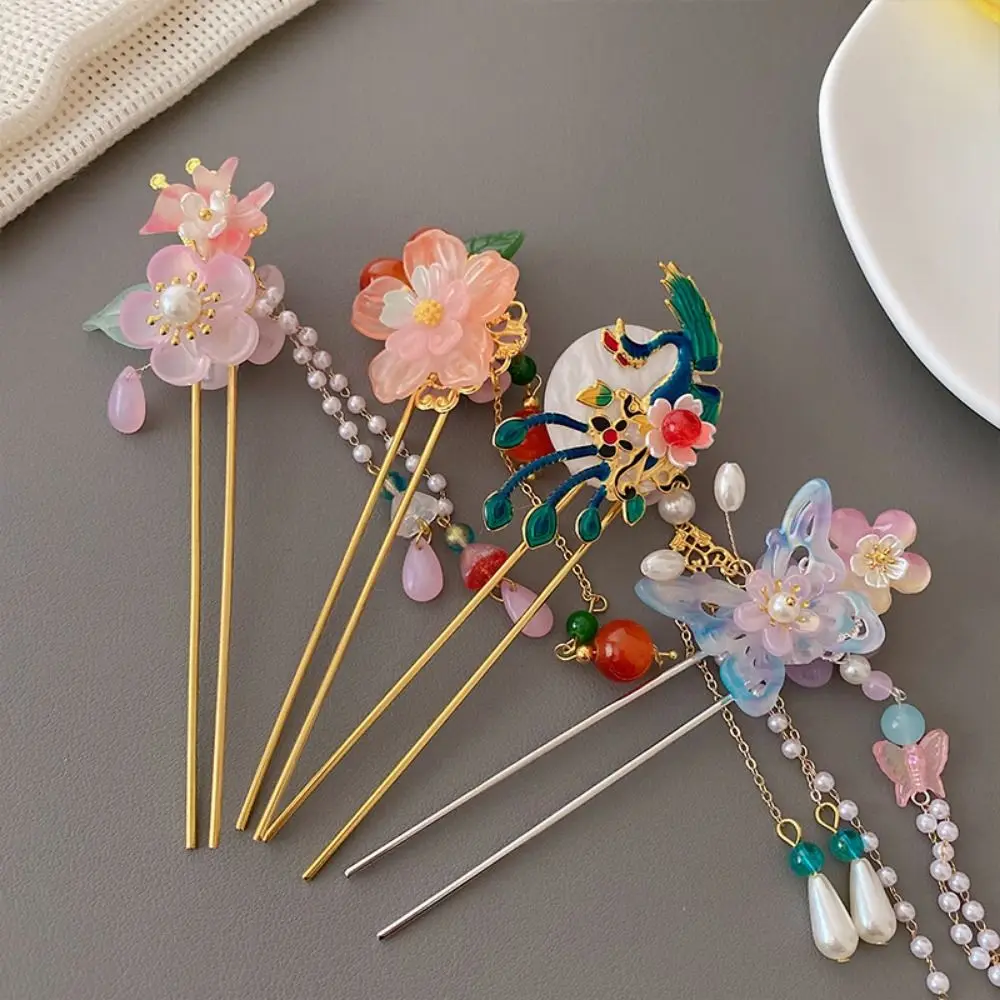 Elegant Chinese Style Flower Hair Stick Handmade Vintage Hanfu Hair Bun Hair Clips Alloy Butterfly Hairpin For Girls Children