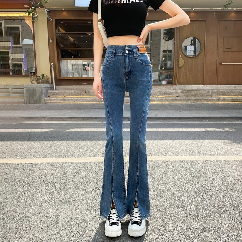 女性のフレアジーンズ,ストレートカット,ハイウエスト,ブラック