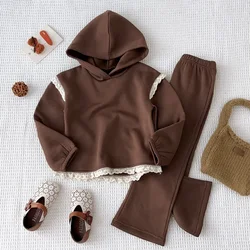 Khaki Autumn Sport & Leisure Girls' Lace Long Sleeve Hoodie + Pants Set - 7Y (TZ265CF)