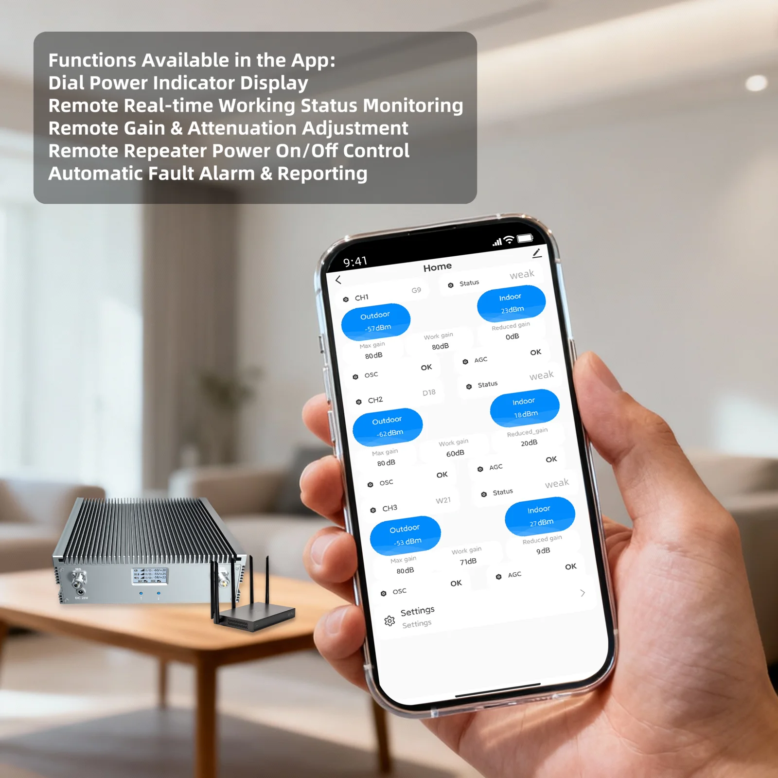 완벽한 EasyBoost 트라이밴드 부스터 키트 80dB 최대 게인 27dBm 출력 전력 700/900/1800MHz 4G/5G GSM 3000m² 커버리지