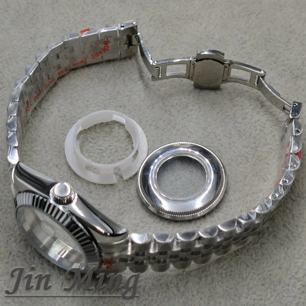 Silver Stainless Steel Watch Case with Polished Fluted Bezel and Sapphire Glass