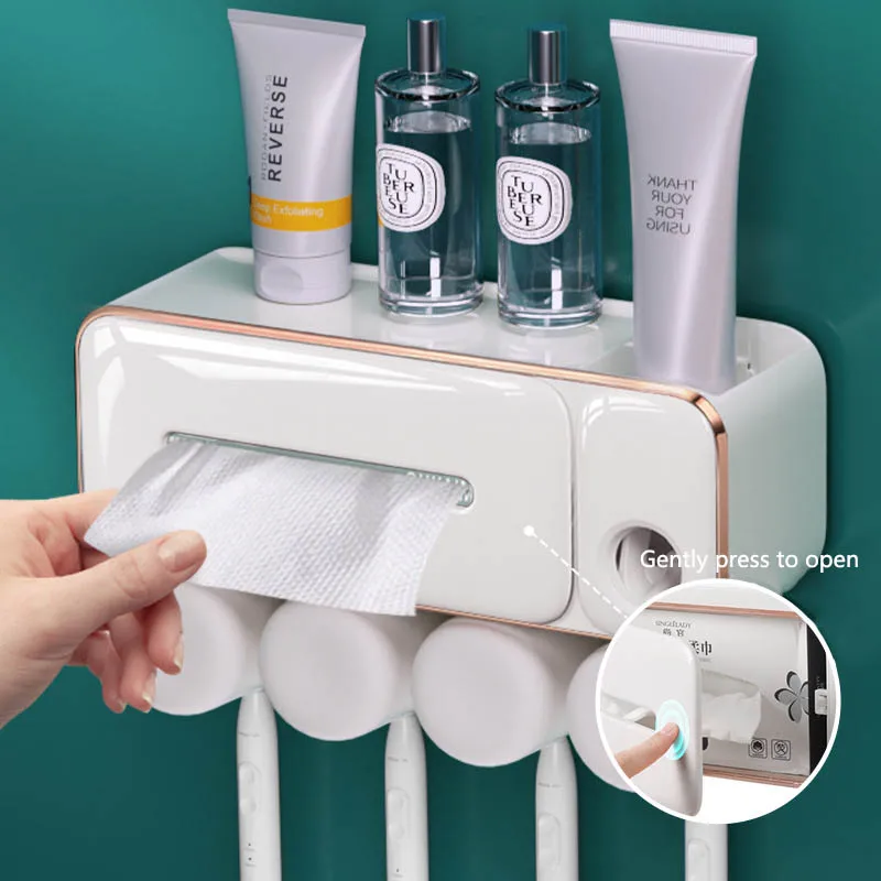 

Wall-Mounted Bathroom Toothbrush Cup Holder With Toothpaste Squeezer Multifunction Toiletries Storage Rack Cup Holder