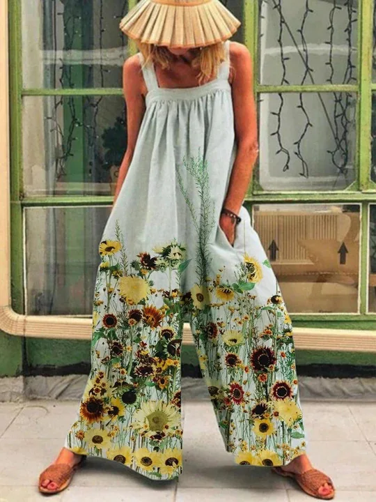 

Europe and America 2023 Summer New Fashion Print Loose Back Strap Wide Leg Pocket Casual Elegant Women's Jumpsuit