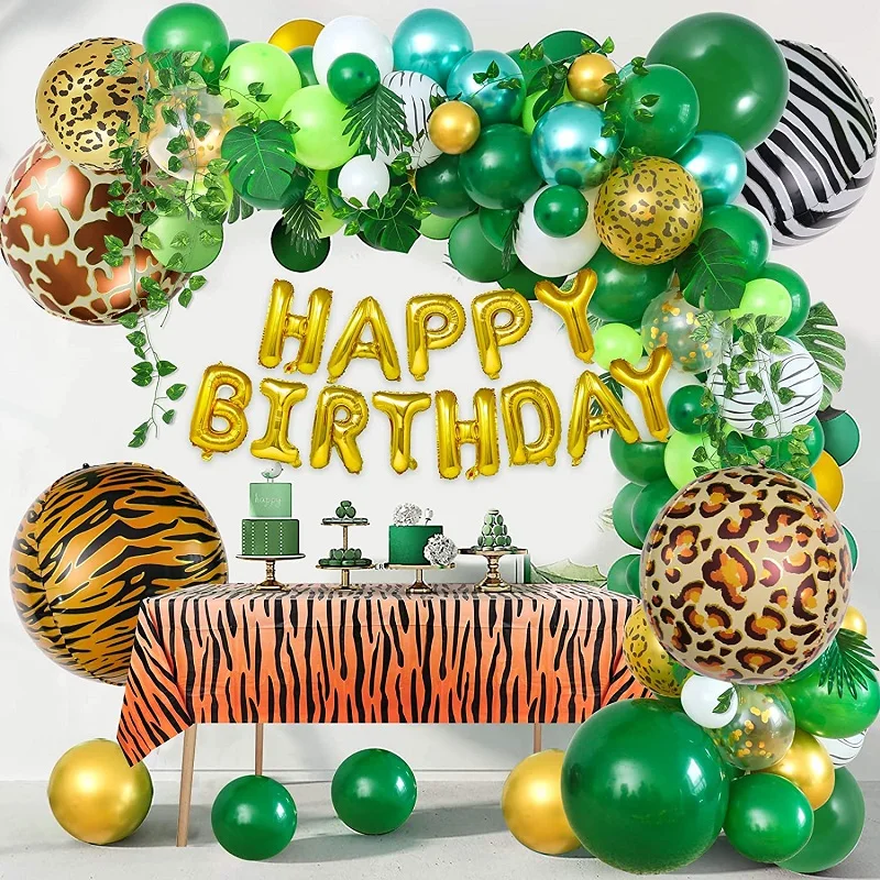 

Комплект гирлянды для дня рождения мальчиков девочек, с принтом в виде тигра и зеленых воздушных шаров, с пальмовыми листьями, для вечеринок