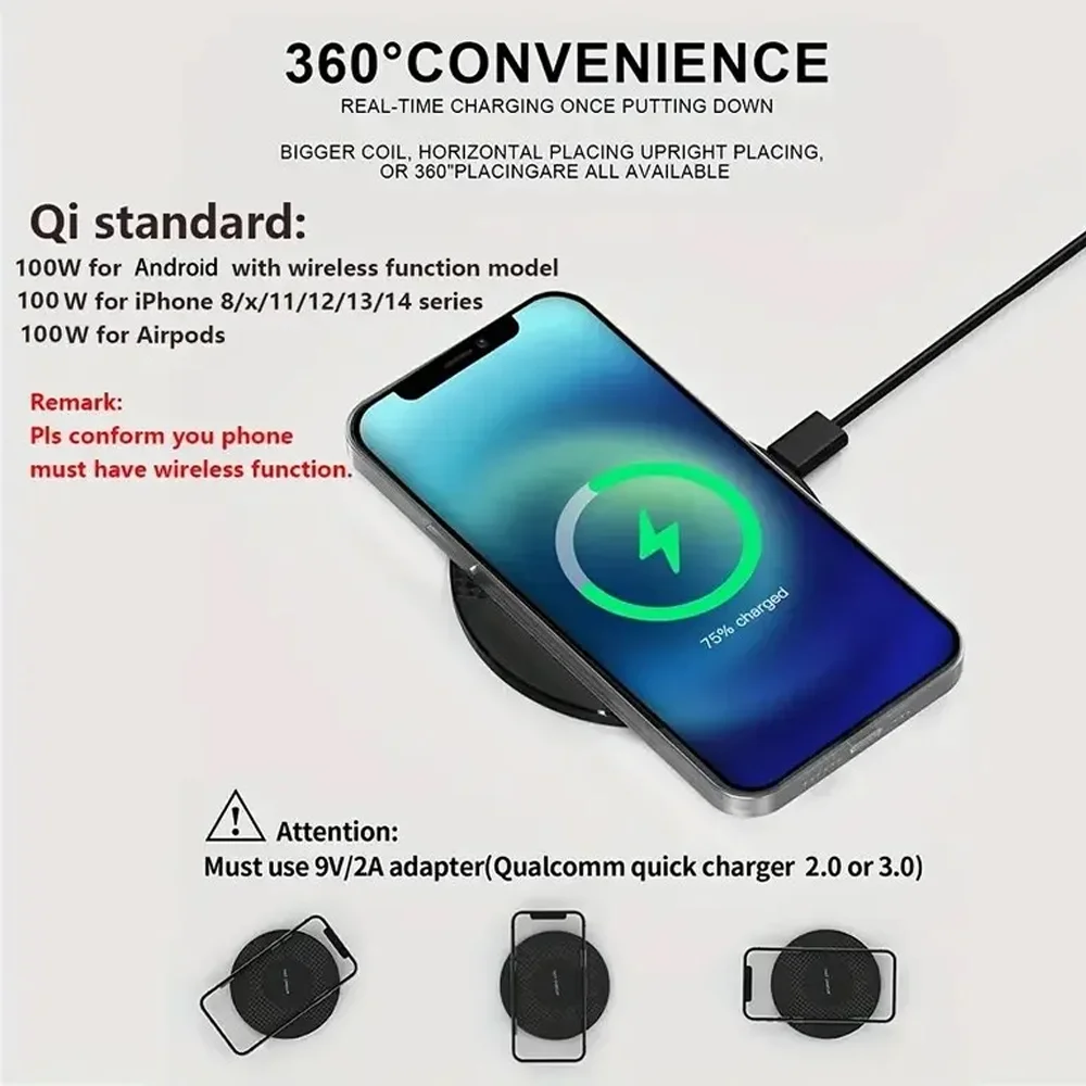 100W Wireless Charger Pad for iPhone 15 14 13 12 11 Pro Max X