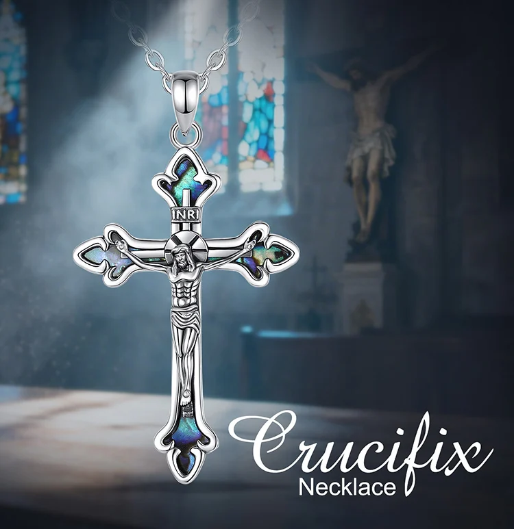 Abalone Jesus Silver Cross Unisex Necklace - Image 2