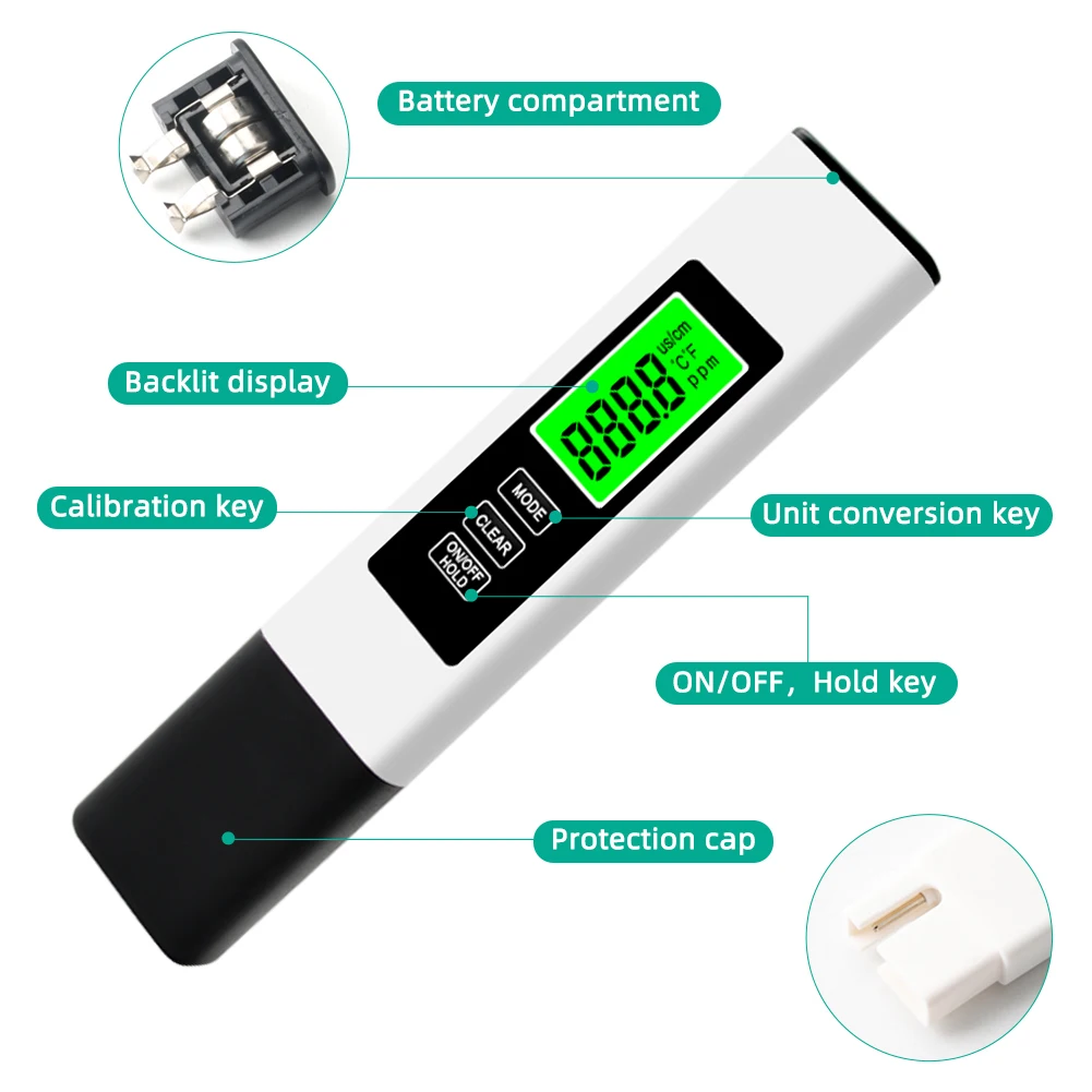 4 in 1 Digital Water Tester TDS Meter 0-9990 PPM Water Quality Tester Pen Backlit LCD Display for Pools Drinking Aquariums