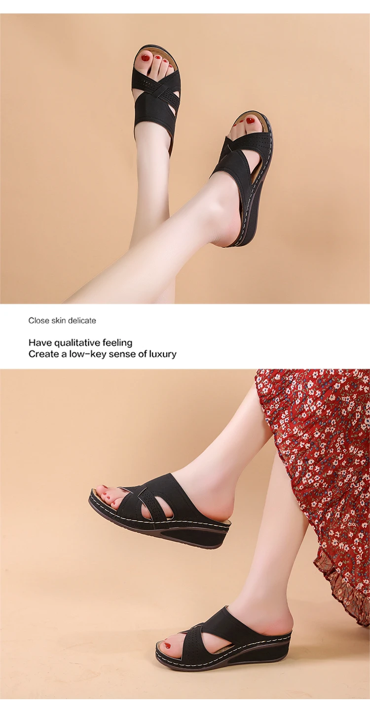 2026 Damen Sommer Keilabsatz-Sandalen mit offener Zehenpartie, Vintage Anti-Rutsch Leder Casual Plateau Retro 5cm Absatz Pantoletten – Detail 1