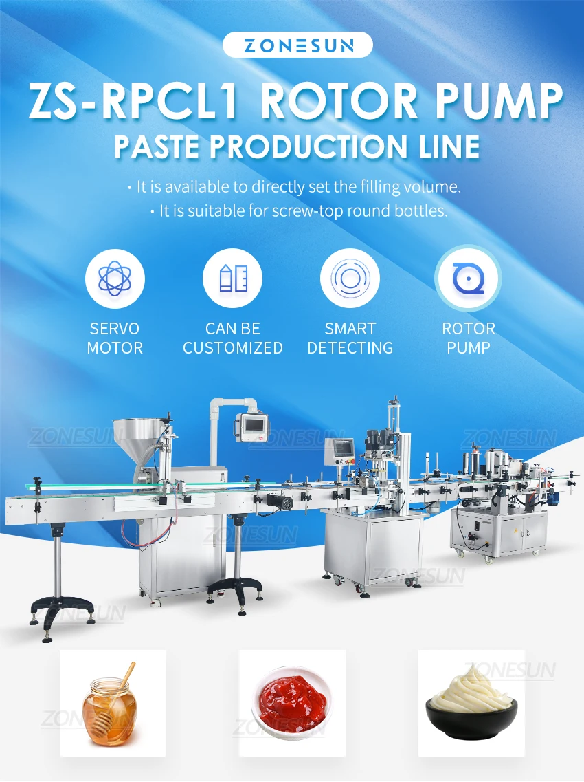 ZONESUN Servo Motor Rotor Pump Paste Filling Screw Capping Round Bottle Labeling Production Line